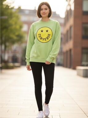 Converse Lime Green Smiley Face Crew Neck Sweatshirt Large Side Zip Pocket